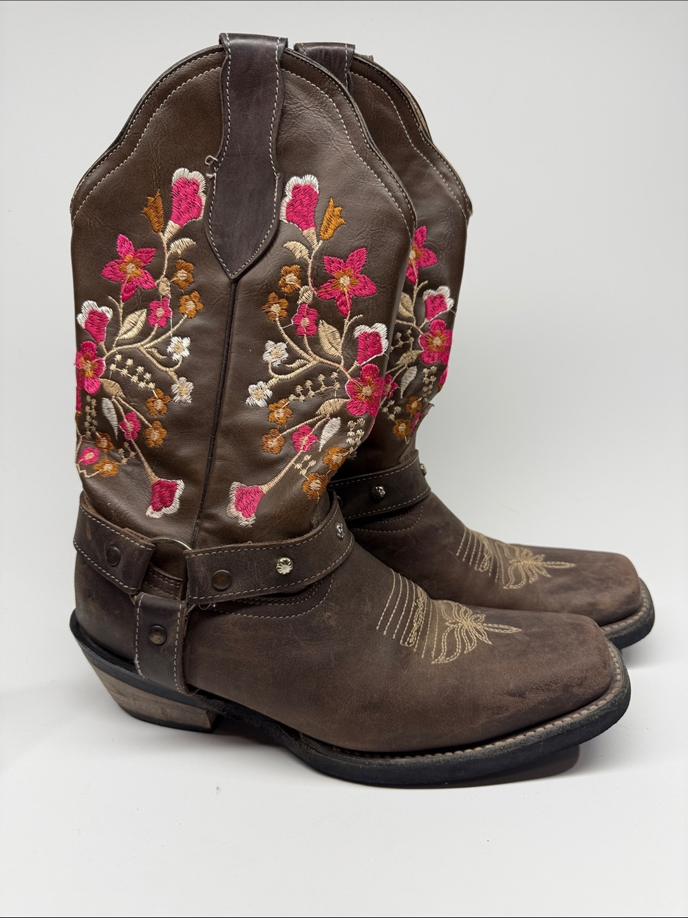 Brown Embroidered Floral Mexican imported Western Heeled Boots - Women's